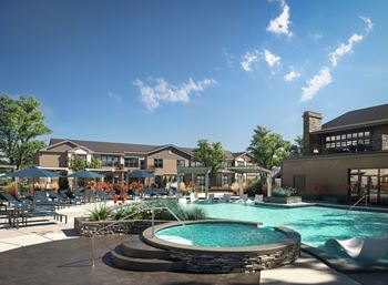 Pool area at Icon Apartment Homes at Ferguson Farm, Bozeman